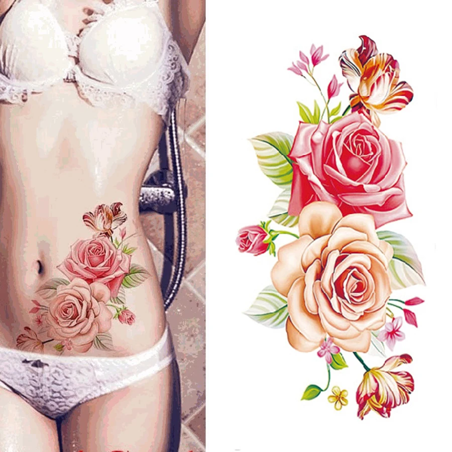 

1Sheet Fake Temporary Tattoos Stickers Rose Flowers Arm Shoulder Body Waterproof Women Tattoo Decal