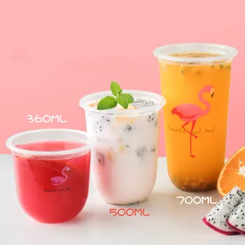 

50pcs Transparent disposable plastic cup 500ml coffee drink takeaway packaging cup party birthday favor flamingo cup with lid