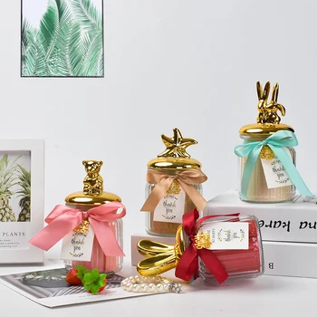 

Ceramic Lid Glass Jar Nordic Colored Candy Snack Storage Tank Animal Shape Storage Container Elegant Wedding Garden Decorations