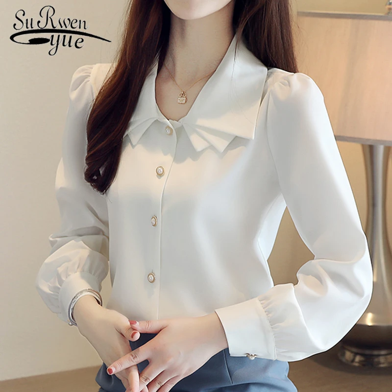 Осень, женская блузка с v-образным вырезом и длинным рукавом, топы, винтажная шелковая атласная блузка, рубашки для женщин, элегантный корейский стиль 5272 50