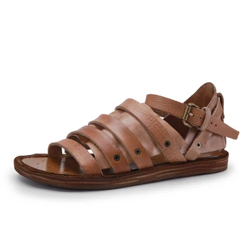 

Leather Handmade 100% Real Men Summer British Retro Flat Gladiator Lovers Open Toe Beach Buckle Strap Sandals