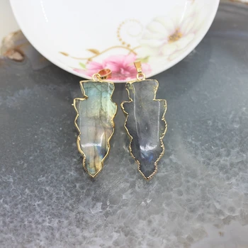 

5Pcs/Lot,Natural Flash Labradorite Arrow Shape Pendants Gold Edged ,Leaf Stone Jewelry Making Necklace charms wholesale 21x46mm