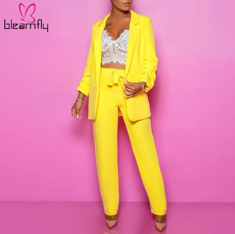 

Autumn Women Long Sleeve Open Stitch Blazer & Pants Suit Two Piece Set Party Tracksuit Outfit Office Lady Yellow Matching Sets
