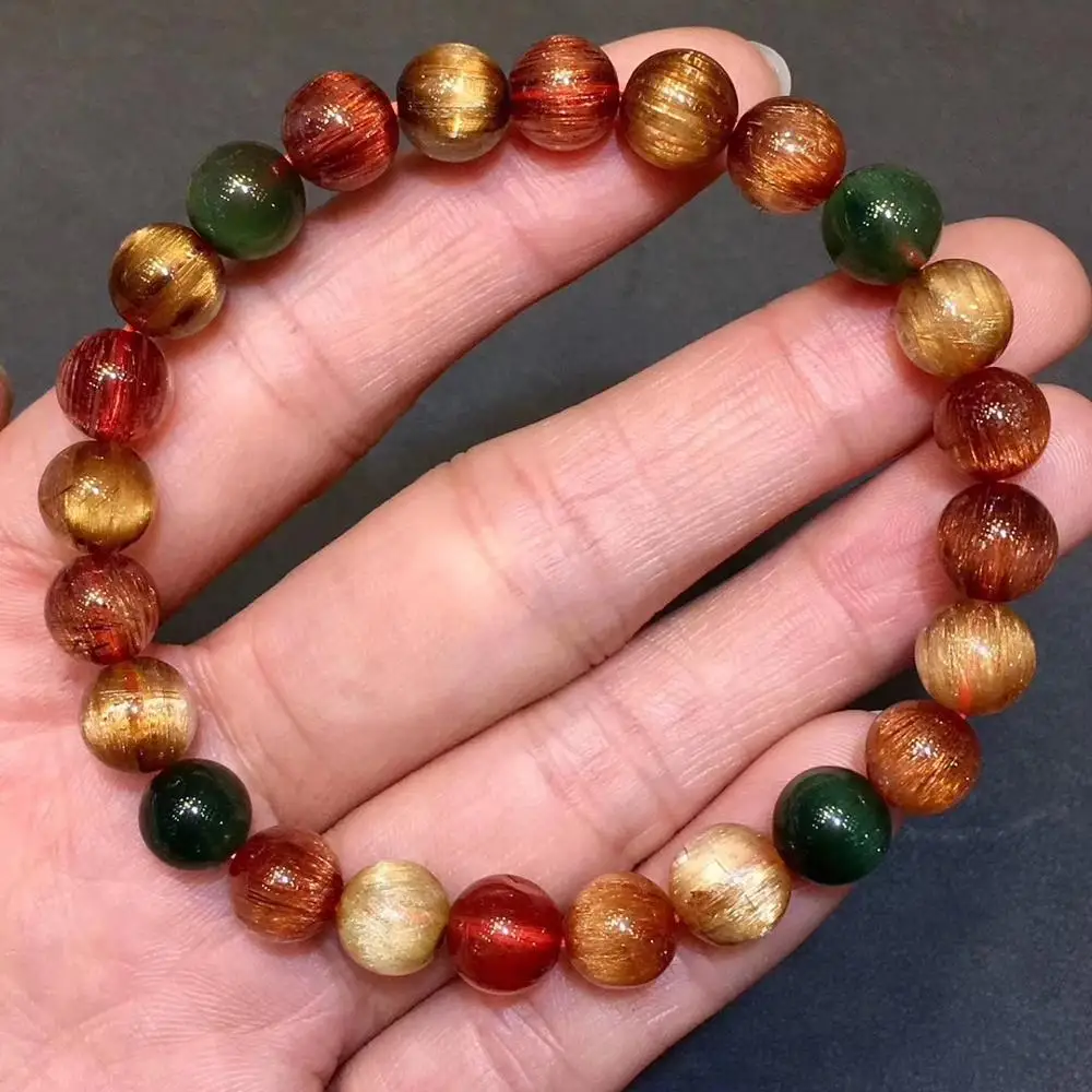 

Certificate Natural Colorful Rutilated Quartz Cat Eye Bracelet Women Men Crystal 8.2mm Round Beads Gemstone Wealthy AAAAA