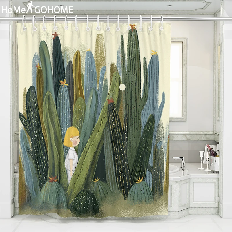 

Anime Girl Cactus Waterproof Shower Curtains with Hooks Green Scene Bathroom Curtains Succulent Plants Bath Curtain for Home