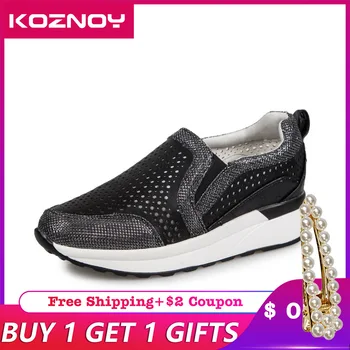 

Koznoy Wedge Women Sneakers leather Slip on Creepers Vulcanized Shoes Slipon Sneakers Women Spring Autumn Platform Shoes