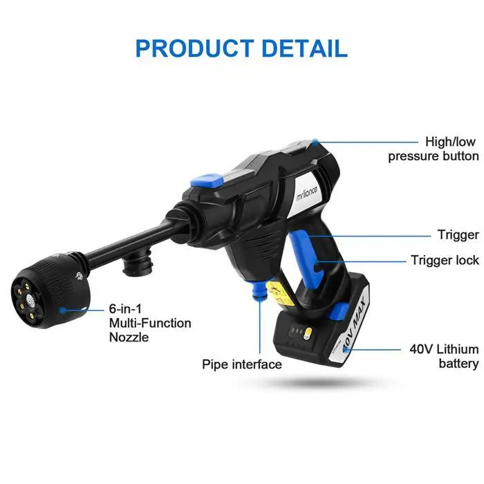 40 В батарея порошкообразная портативная мойка под давлением 70PSI черный ручной пистолет для чистки 960PSI max.1.2 m машина