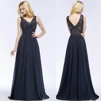 

V-Neck Lace Top A-Line Navy Blue Long Bridesmaids Dresses Beading Zipper Back Chiffon Long Honor Of Maid Guest Party Gowns