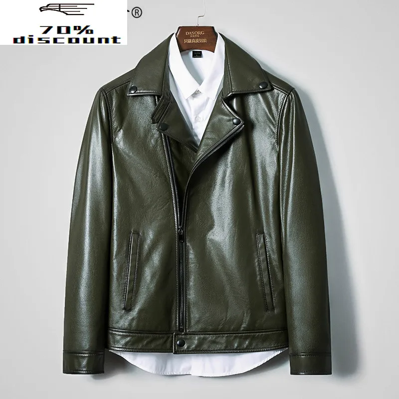 

Genuine Leather Jacket Men Spring Autumn Cowhide Coat Short Dark Green Mens Leather Jackets Korean Deri Mont KJ2026