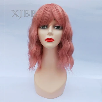 

XJBB Short Bob Pink Pastel Wavy Wig With Air Bangs Women's Synthetic Cosplay Wig for Girl Colorful Costume Wigs