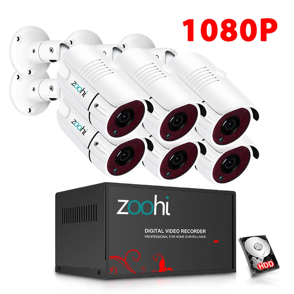 1080P 6 Cameras Zoohi AHD система видеонаблюдения 1080P комплект видеонаблюдения 6CH Водонепроницаемая камера ночного видения cctv система безопасности ki - Цвет: 1080P 6 Cameras