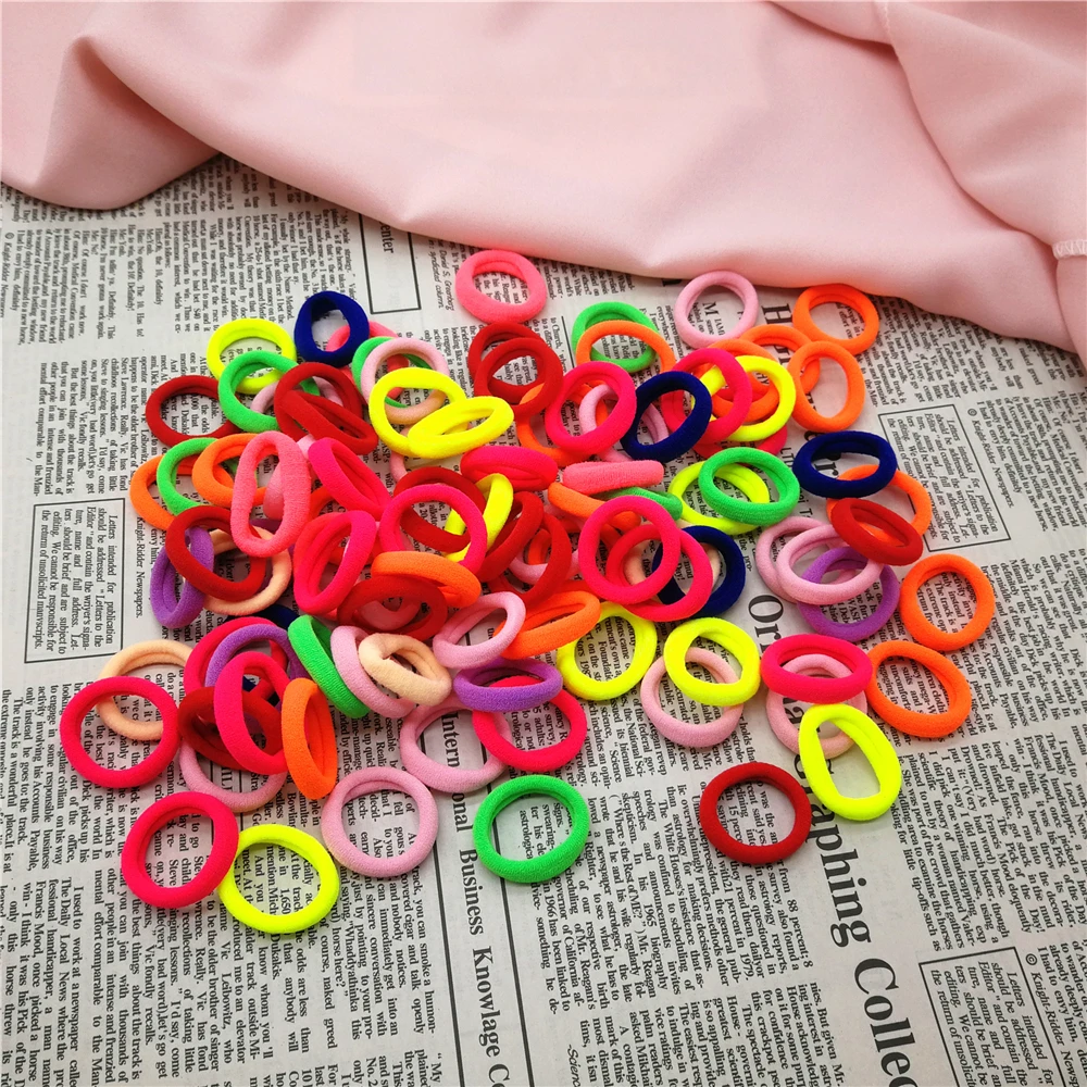 

100pcs Elastic Hair Band Ponytail Holder Solid Candy Color for Kids 2.5cm Diameter Bun Tie Rope XC191109