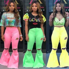 Новые женские осенние джинсовые со средней талией с дырками на молнии, расклешенные длинные джинсы, модная одежда для активного отдыха, длинные джинсовые брюки