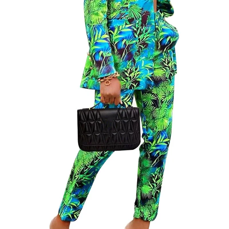 Single Breasted Green Print Long Sleeve Blazer Jacket + Pant Female Two Piece Set Blazer Suit Women Fashion Spring Autumn Suit