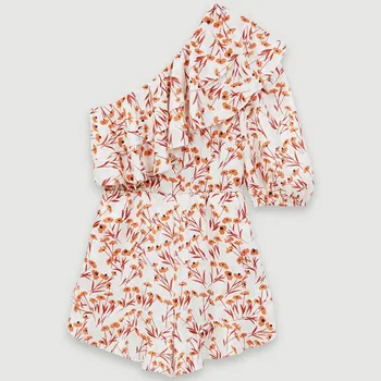 

2020 New Women's One Shoulder Ruffle Playsuit Summer Fresh Flower Print Ladies Sexy Casual High Waist Short Jumpsuits