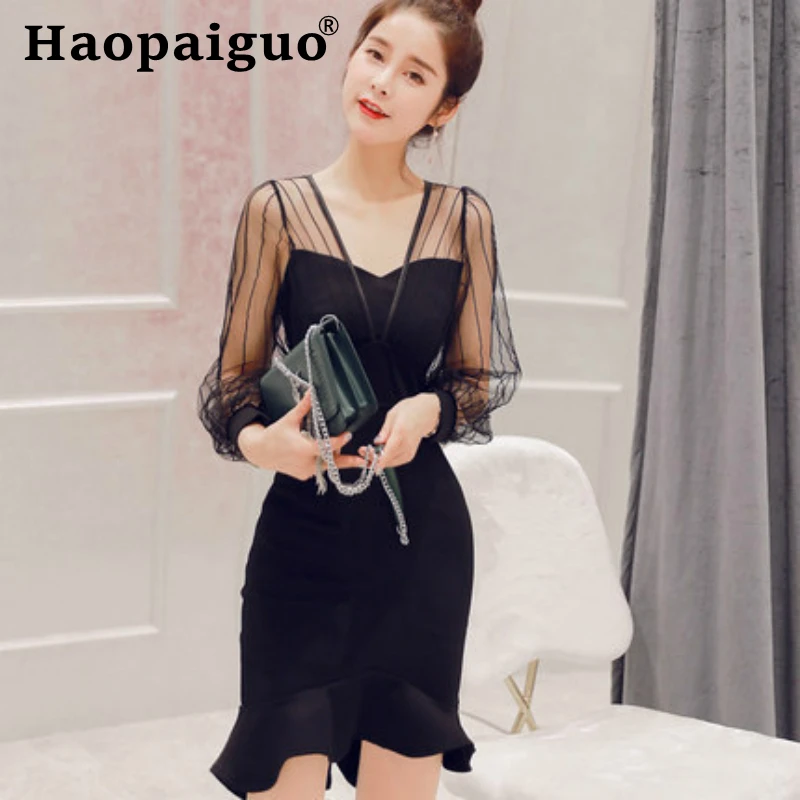 

New Arrival Autumn Winter Sexy Bodycon Dress for Women V-neck Trumpet Wrap Dress Women Mesh Patchwork Mini Club Dresses Ladies