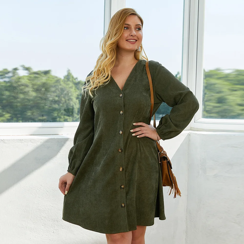 

Elegant Plus Size Office Lady Work Dress A-Line V-Neck Long Sleeve Button Above Knee Summer Dress Women Casual Dress Ropa Mujer
