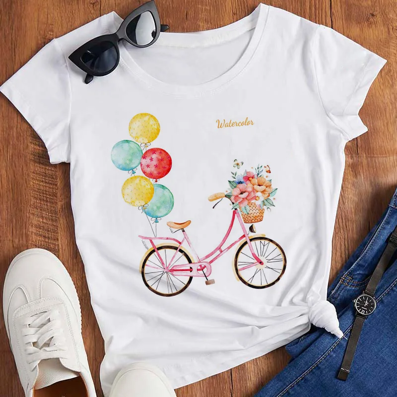 Pink T Shirt Women Beautiful Scenery Bicycle Vogue Casual Tshirt Harajuku Korean Style Graphic Tops Kawaii Short Sleeve T-shirt