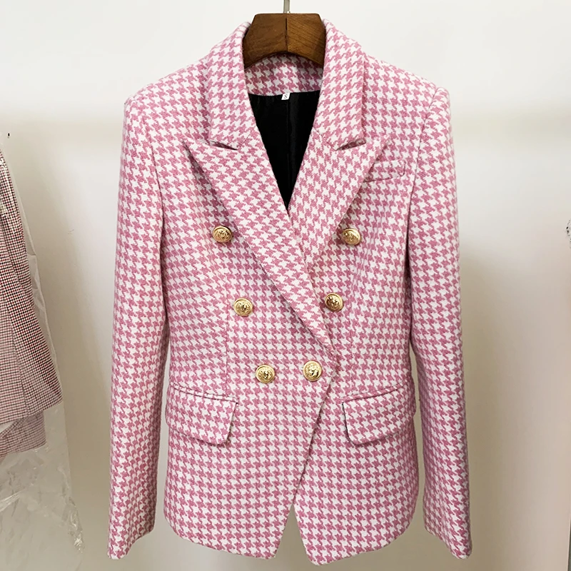 

HIGH STREET Newest Fashion 2024 Designer Jacket Women's Double Breasted Lion Buttons Wool Tweed Houndstooth Blazer