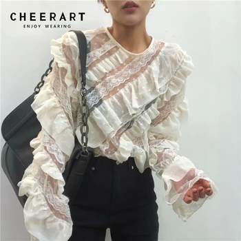 

CHEERART Lace Ruffle Blouse Long Sleeve Top Pathwork Mesh Transparent Blouse Women Designer Korean Blouse Clothing