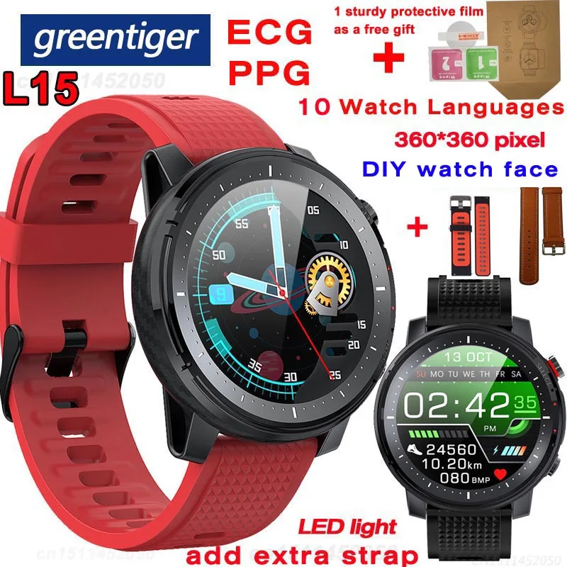 Greentiger L15 Смарт часы для мужчин LED свет ECG PPG пульсометр кровяное давление IP68