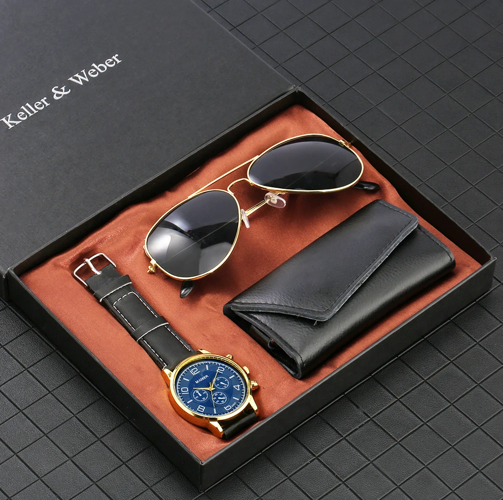 

New Fashion Top Gift Set Men Leather Quartz Watches Multifunctional Key Package Classic Sunglasses Boyfriend Husband Dad Gifts