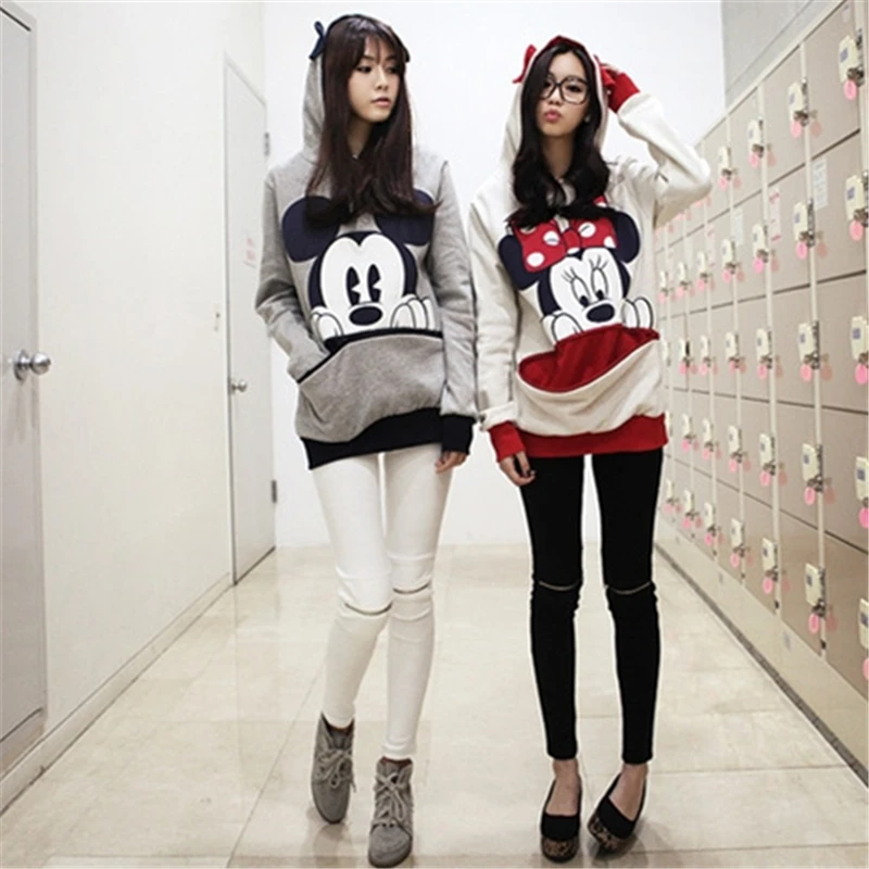Kawaii Women Casual Hoodies Mickey Cartoon Hooded Sweatshirts Female Loose Fleece Pullover Plus Siz