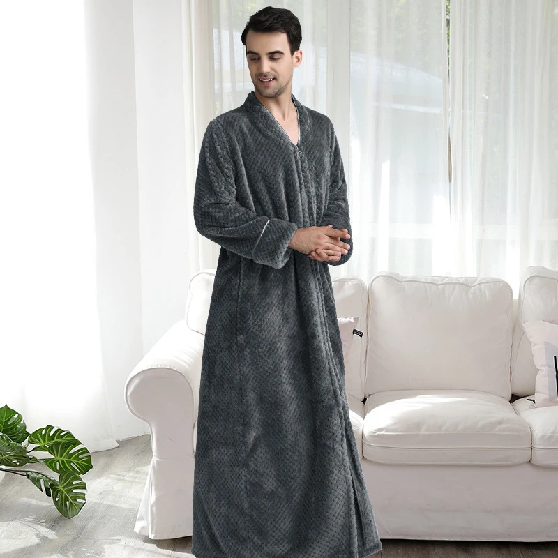 Aolamegs Men sleepwear Flannel Bathrobe Soft Long Open Zipper Sleepwear Cozy Warm Advanced Night Gown Baggy Couple Pajama Winter