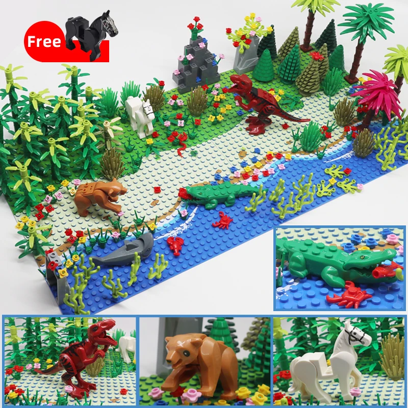Wildlife Paradise Animal world Building Block sets Grass Bush Flower Tree Plants with Baseplate DIY MOC Assemble Kids Toy Gifts