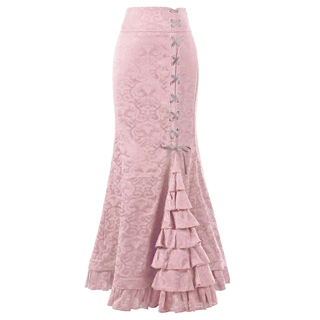 KANCOOLD, Женская юбка в стиле панк, ретро, Русалочка, винтажная, длинная, облегающая, с рюшами, рыбий хвост, юбка, пояс, ремень, рыбий хвост, юбка - Цвет: Розовый