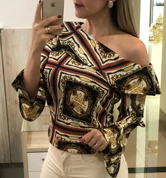 

Retro Print Bell Sleeve Ruffles Blouse