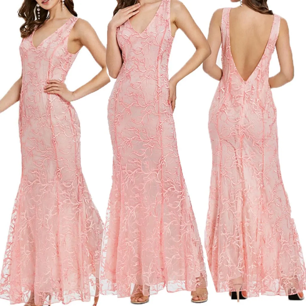 Long Summer Party Dress Women Sleeveless Backless V Neck Floral Embroidery Elegant Maxi Plus Size Mesh Trumpet Dresses | Женская одежда