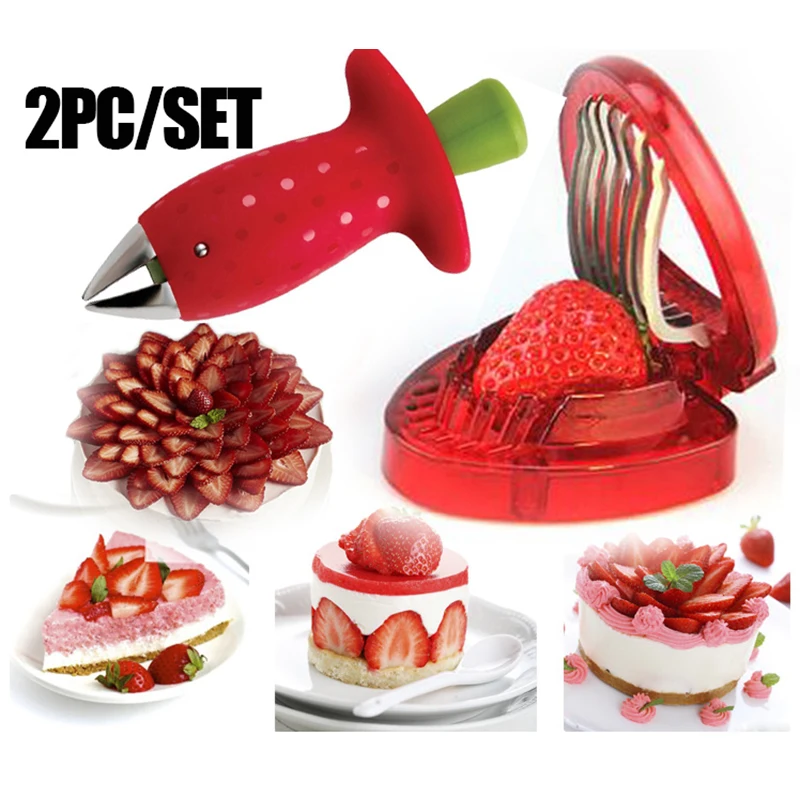 Kitchen Fruit Gadget Tools 2pc/ set Strawberry Slicer Cutter Strawberry Corer Strawberry Huller Leaf Stem Remover