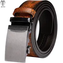 

Hi-Tie Tan Orange Brown Genuine Leather Mens Belts for Men Silver Alloy Automatic Buckles Ratchet Waistband Dress Jeans Straps