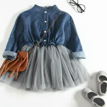 Новое платье для малышей на весну и осень, платье для девочек, джинсовое комбинированное Сетчатое праздничное платье принцессы, платье с длинными рукавами