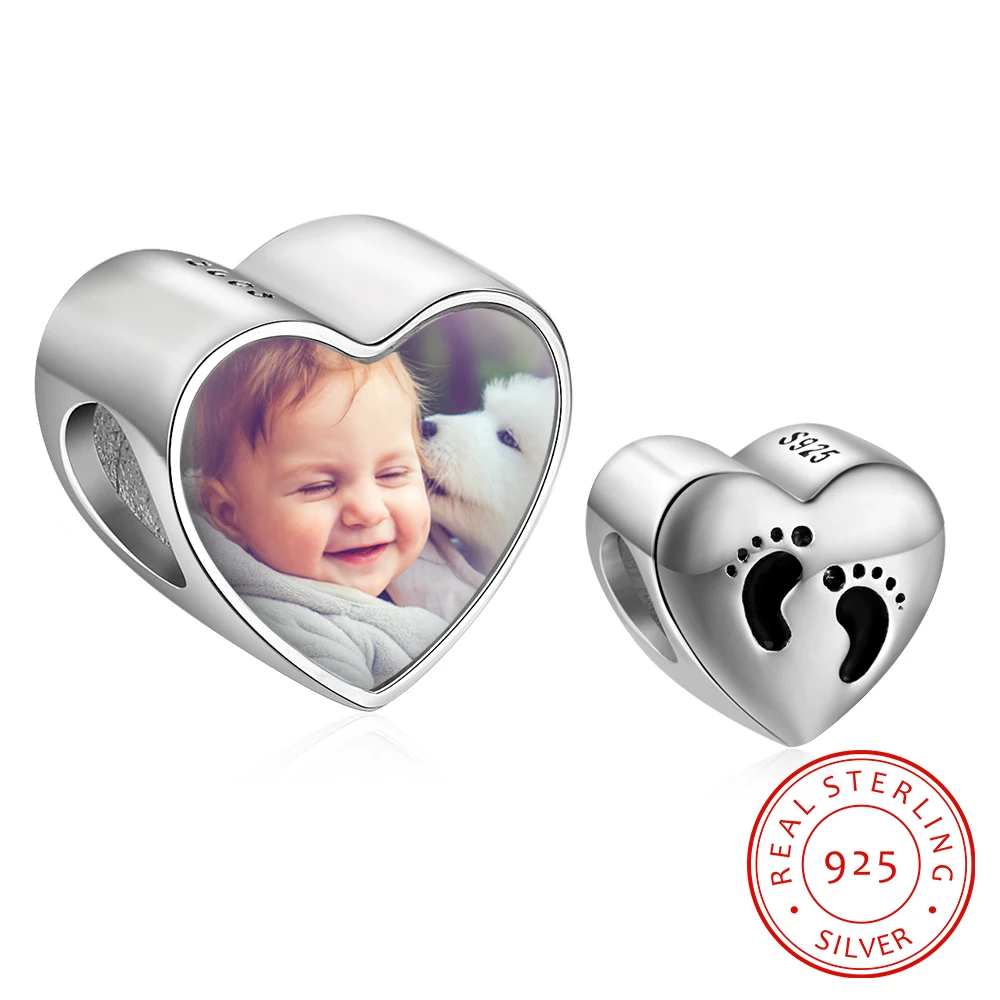 Personalized Baby Foot Print Photo Charms Bead 925 Sterling Silver Heart Shape Beads fit Bracelet Necklace DIY Jewelry For Mom | Украшения