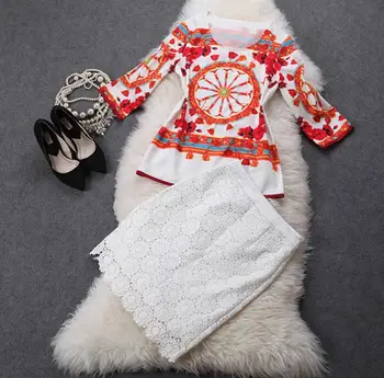 

women spring print shirt and lace skirt sets 2091