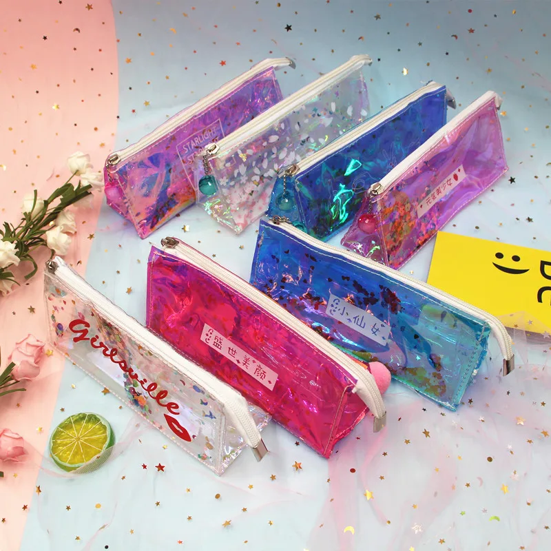 

Hot Sales Korean-style Laser Transparent Pencil Case Sequin Quicksand Pencil Case Hipster Stationery Box Reflective GIRL'S Stati
