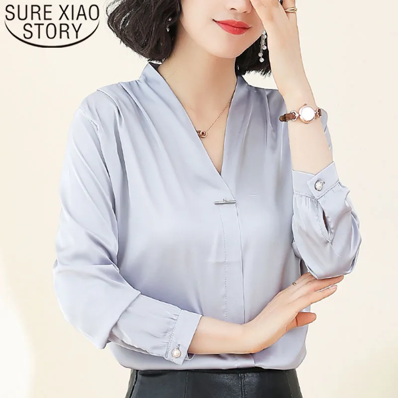 

2019 Autumn Fashion Women Chiffon Shirts Casual Solid Color Women Clothing Office Lady Long Sleeve V-neck Women Blouses 6212 50