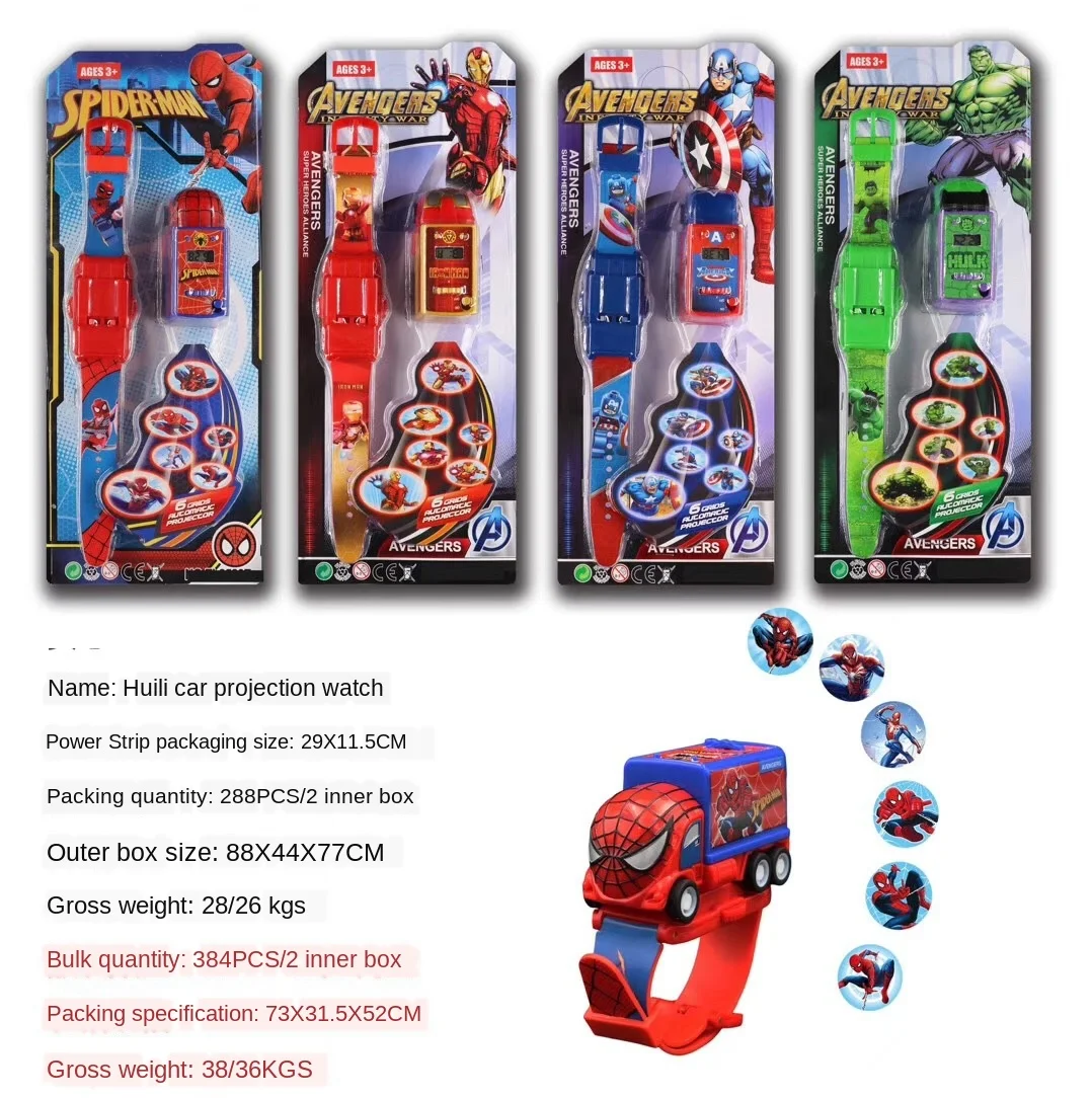 Disney Iron Man Spider-Man Captain America Hulk Pull Back Six Picture Projection Toy Cartoon Electronic Watch Car Children Watch afbeelding