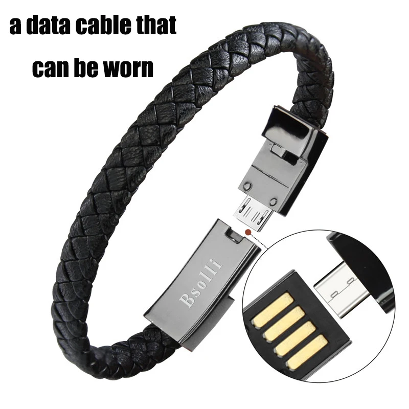 

High quality Outdoor Portable Mini USB Bracelet fast Data Charging Cable For iPhone Android Type-C Leather Charging USB cable