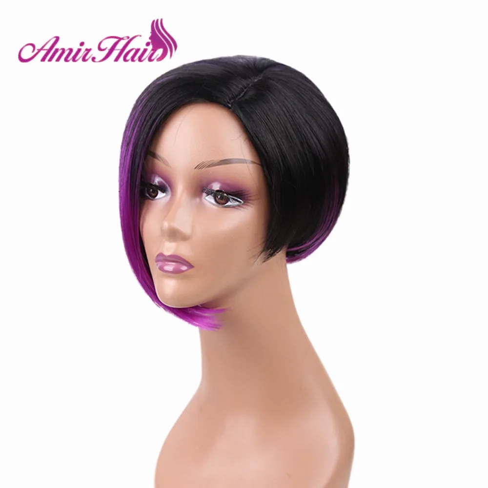 long Bob Wigs Straight hairstyle Brown Purple Ombre red Hair wig For Women Middle Part Fake Hair less shine Wig Cosplay - Цвет: T1b purple