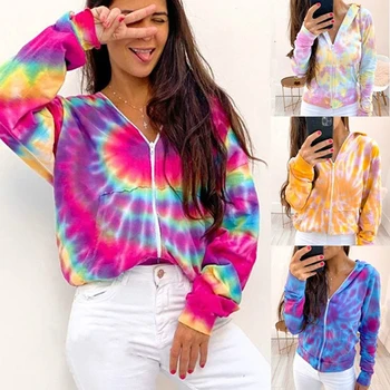 

Tie Dye Printed Zipper Hooded Women Coat Autumn Winter Casual Loose Drawstring Hood Long Sleeve Pocket Gradient Jacket Outerwear