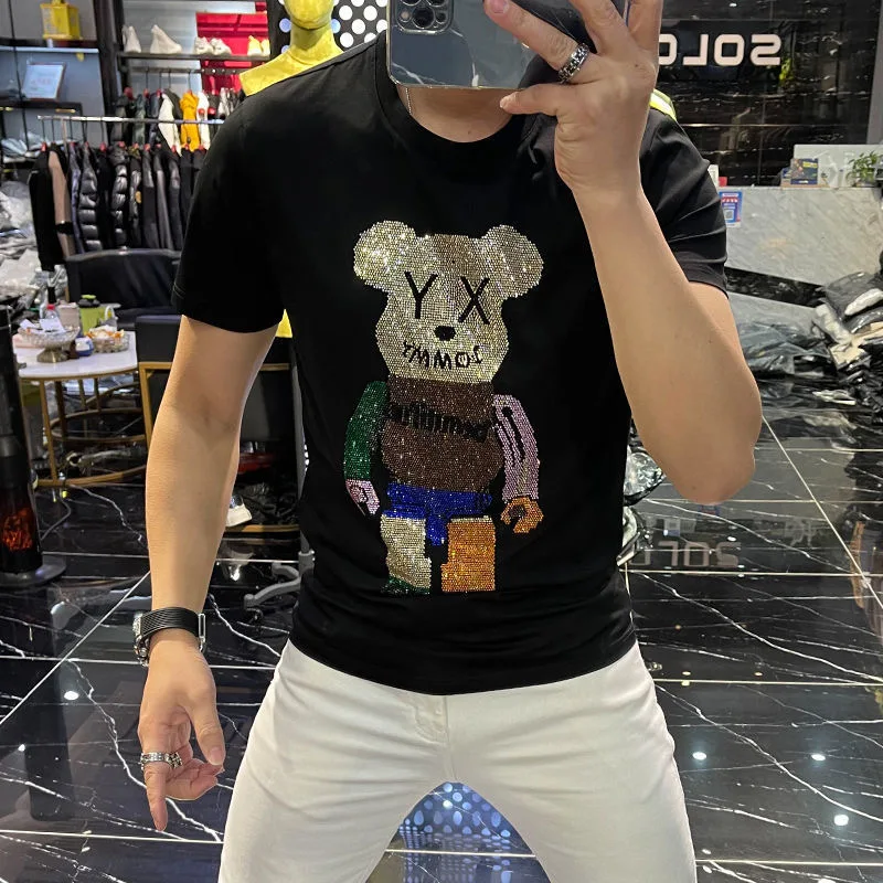 Rhinestones Tshirt Men T Shirt Unisex Streetwear Slim Men's Short