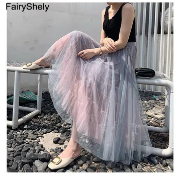 

FairyShely 2020 Tulle Pleated Long Skirt Women Summer Elastic Band High Waist Mesh Skirt Gray Voile Fairy Skirt