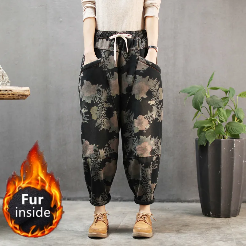 Max LuLu зимние модные корейские женские панковские брюки женские цветочные меховые теплые джинсы эластичные утепленные шаровары Повседневная Уличная одежда