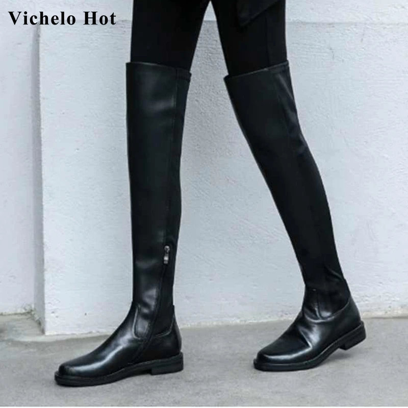 

Vichelo Hot genuine leather fashion streetwear stretch boots med heels round toe winter women zip black over-the-knee boots L21