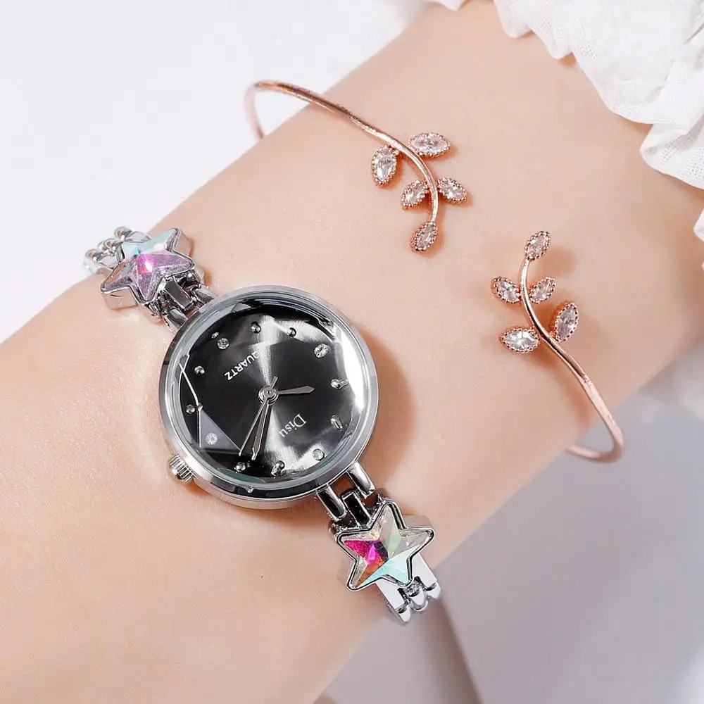 Black Bracelet set Disu Brand Bracelet Dress Quartz Watches For Women Luxury Rose Starry Star Design Fashion Creative Ladies Clock Reloj Mujer - Цвет: Black Bracelet set