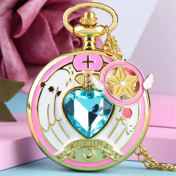 

Girl Cospaly Cardcaptor Sakura Theme Pocket Watch Blue Heart Wing Necklace Watch with Star Scepter Gift for Women Drop Shipping