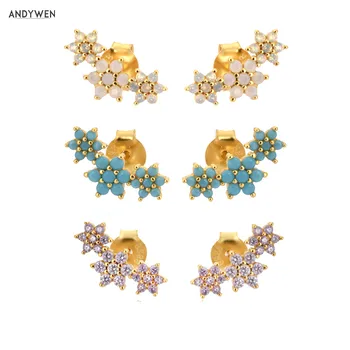 ANDYWEN 925 Sterling Silver Three Flower Stud Earring Piercing Ohrringe Luxury Women Fashion Crystal Luxury Jewelry For Wedding